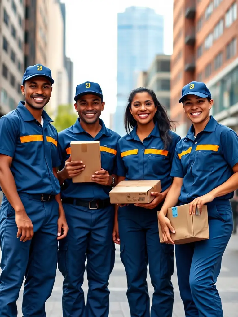 A diverse group of delivery personnel, representing the wide range of services and the commitment to customer satisfaction at Federal Transport and Courier.