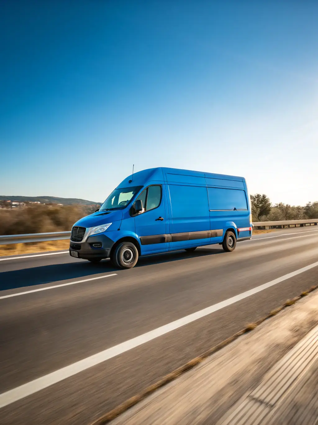 A high-speed delivery van speeding down a highway, symbolizing the speed and efficiency of Federal Transport and Courier services.
