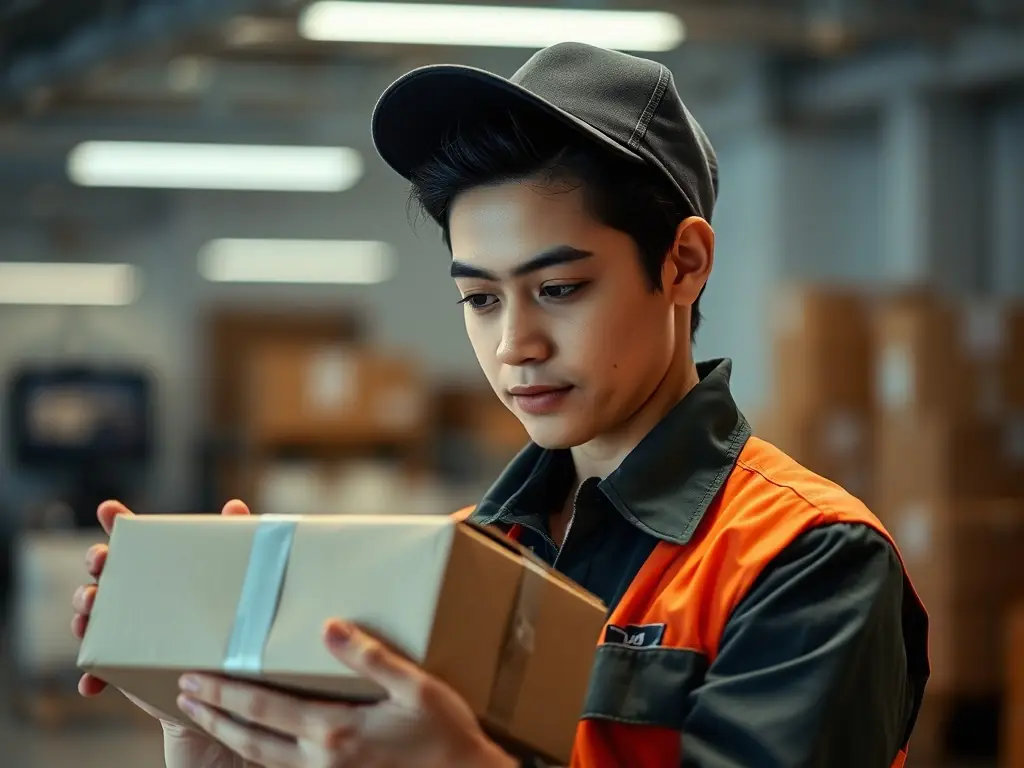 A courier carefully handling a fragile package, highlighting Federal Transport and Courier's expertise in handling sensitive goods.