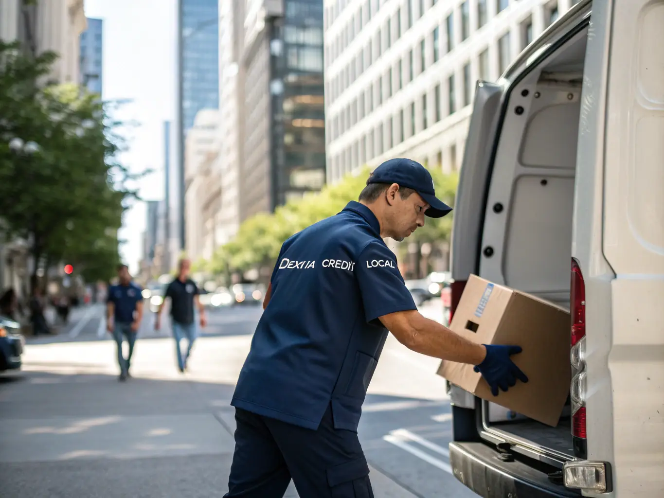 A Federal Transport courier carefully loads a stack of boxes into a delivery van, ensuring each package is secure and properly labeled for efficient delivery.