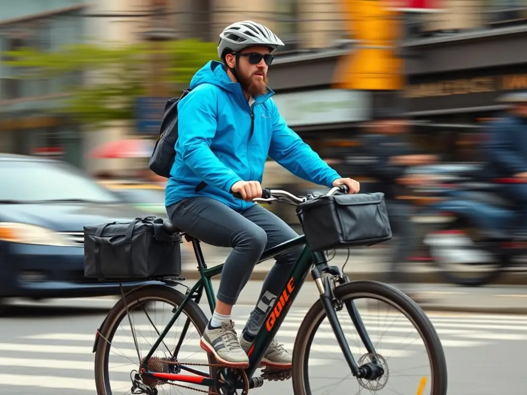 A Federal Transport courier on a motorcycle swiftly navigates through city traffic, carrying a time-sensitive document in a secure, weather-proof bag.