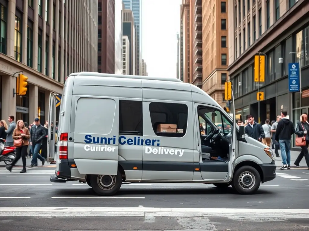 A delivery van on a busy city street, with packages being loaded and unloaded efficiently, representing Federal Transport and Courier's standard delivery service.
