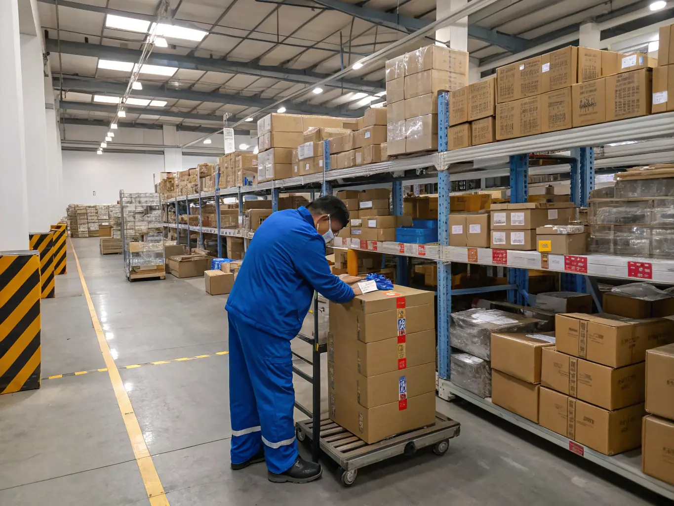 A Federal Transport employee wearing gloves and a safety vest carefully handles a fragile package, placing it gently into a padded container for secure transport.